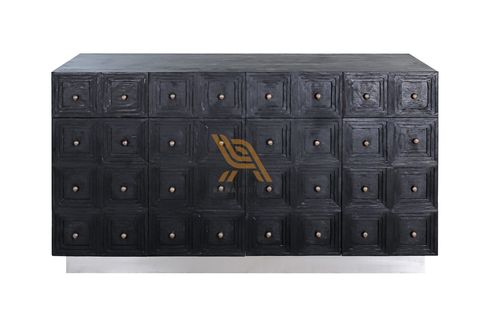 Black Wood Sideboard or Storage Desk with Geometric Square Pattern & Metal Base PT Relifa Art Furniture Teak Outdoor Furniture Indonesia Black Wood Sideboard or Storage Desk with Geometric Square Pattern & Metal Base PT Relifa Art Furniture Teak Outdoor Furniture Indonesia
