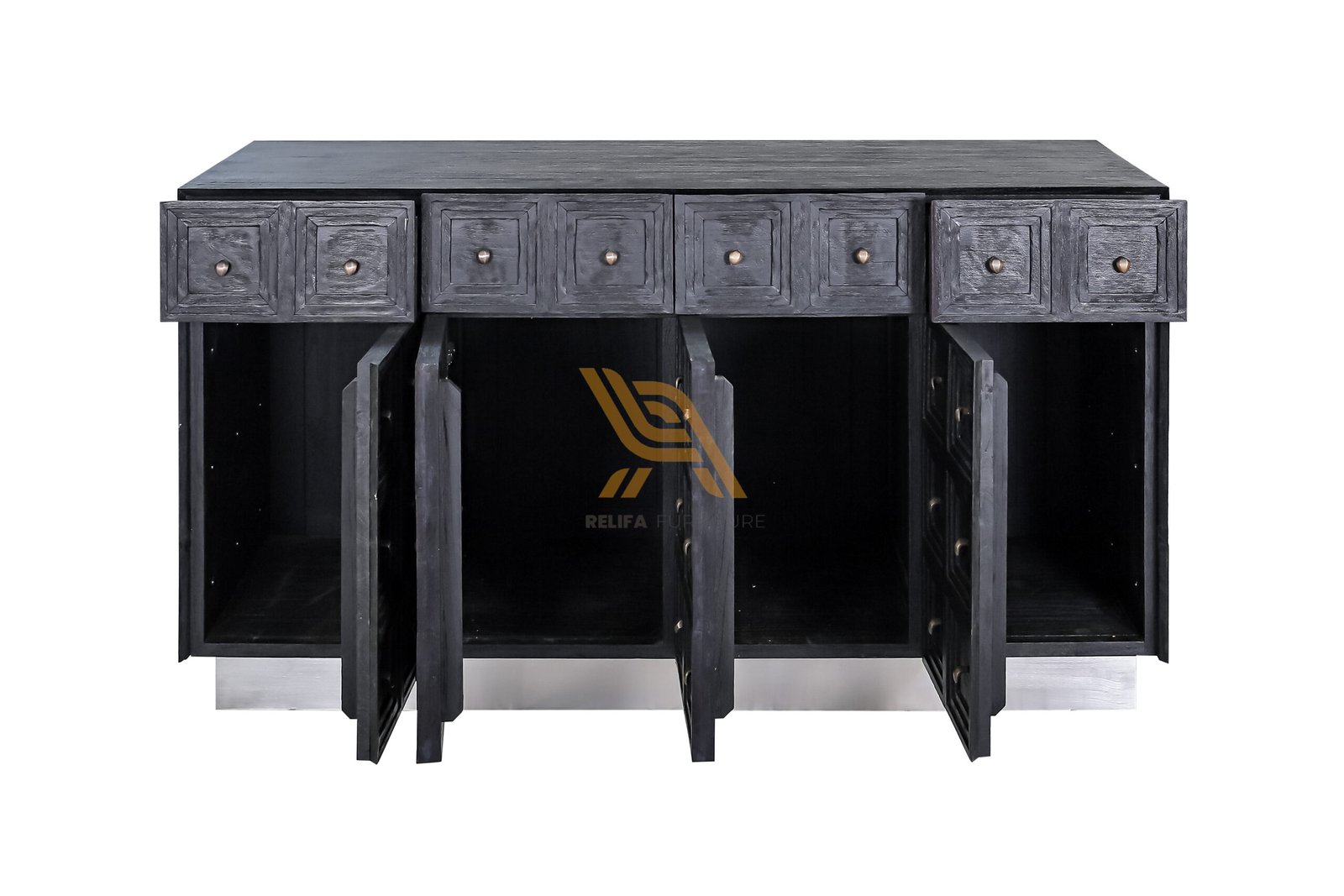 Black Wood Sideboard or Storage Desk with Geometric Square Pattern & Metal Base PT Relifa Art Furniture Teak Outdoor Furniture Indonesia Black Wood Sideboard or Storage Desk with Geometric Square Pattern & Metal Base PT Relifa Art Furniture Teak Outdoor Furniture Indonesia