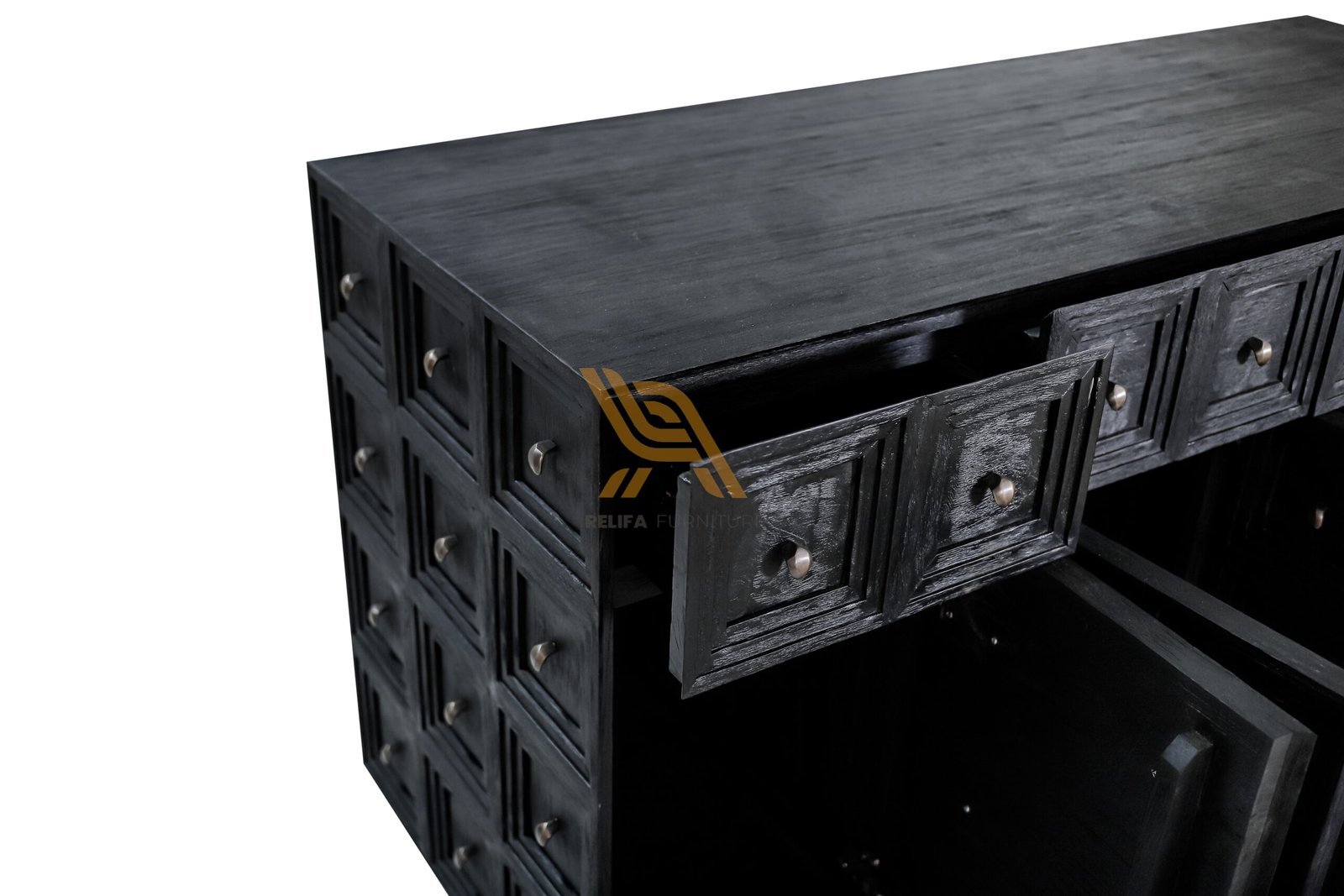Black Wood Sideboard or Storage Desk with Geometric Square Pattern & Metal Base PT Relifa Art Furniture Teak Outdoor Furniture Indonesia Black Wood Sideboard or Storage Desk with Geometric Square Pattern & Metal Base PT Relifa Art Furniture Teak Outdoor Furniture Indonesia