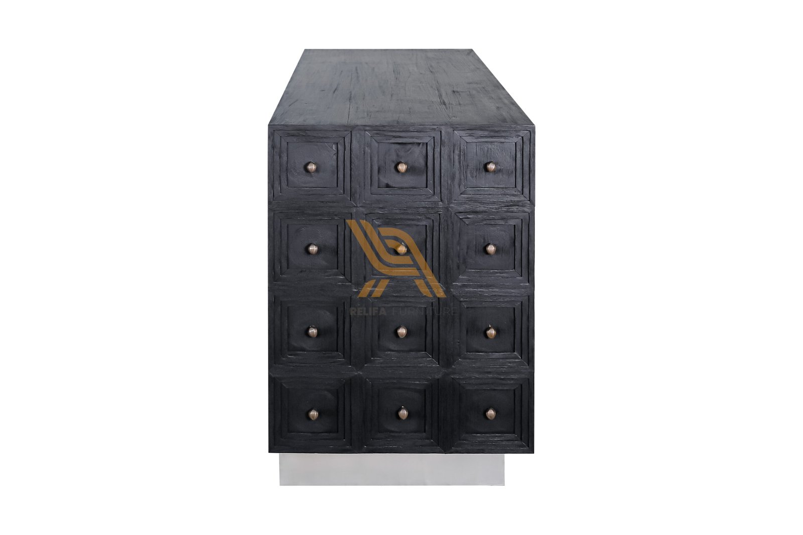 Black Wood Sideboard or Storage Desk with Geometric Square Pattern & Metal Base PT Relifa Art Furniture Teak Outdoor Furniture Indonesia Black Wood Sideboard or Storage Desk with Geometric Square Pattern & Metal Base PT Relifa Art Furniture Teak Outdoor Furniture Indonesia