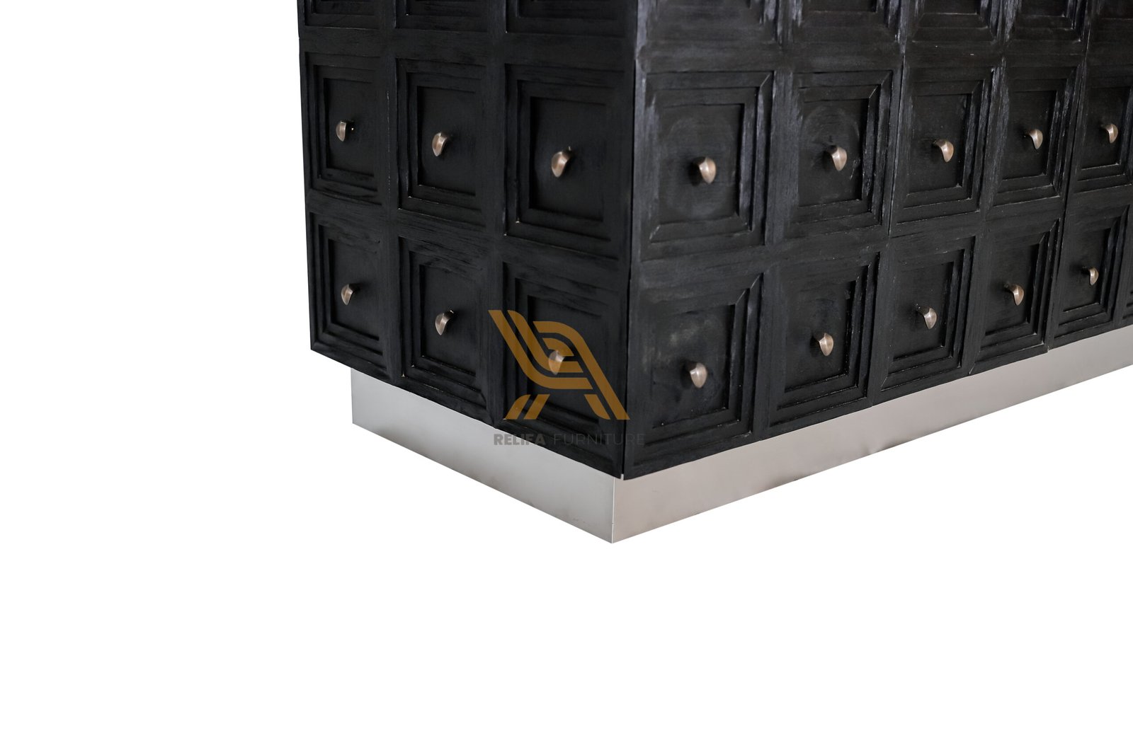 Black Wood Sideboard or Storage Desk with Geometric Square Pattern & Metal Base PT Relifa Art Furniture Teak Outdoor Furniture Indonesia Black Wood Sideboard or Storage Desk with Geometric Square Pattern & Metal Base PT Relifa Art Furniture Teak Outdoor Furniture Indonesia