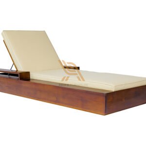 Wooden Sun Lounger with Cream-Colored Cushion – Teak Outdoor Reclining Chair for Luxury Relaxation