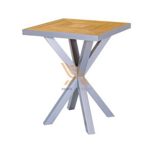 Outdoor Square Bar Table with Metal Base – Modern Teak Top for Patio & Garden Use