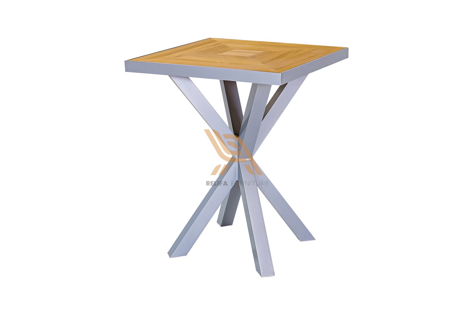 Outdoor Square Bar Table with Metal Base – Modern Teak Top for Patio & Garden Use Outdoor Square Bar Table with Metal Base – Modern Teak Top for Patio & Garden Use