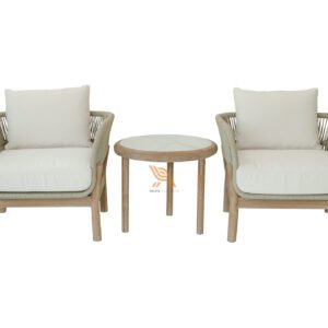 3-Piece Roped Teak Patio Outdoor Conversation Set with Beige Cushions